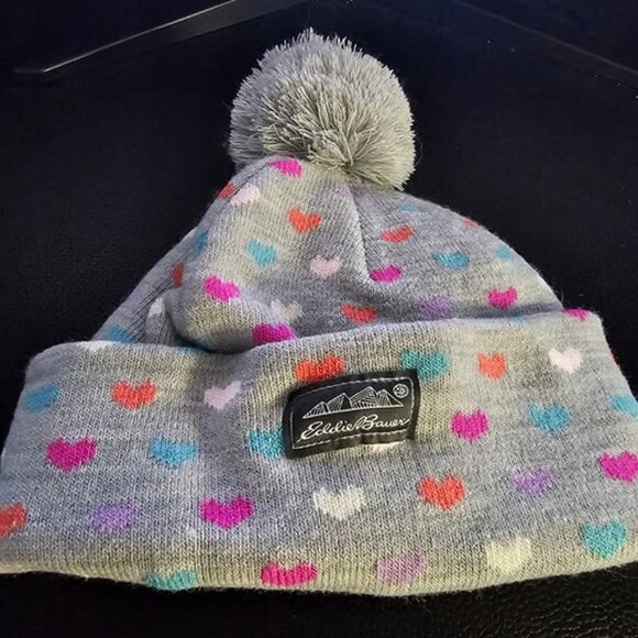 Girls Eddie Bauer Beanie Skull Cap Hat Size M/L Medium Large Gray Pink Hearts - Picture 1 of 2